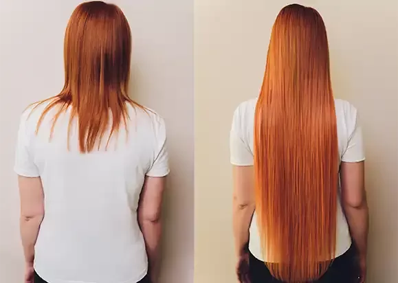 Before and after of clip-in extensions on red hair