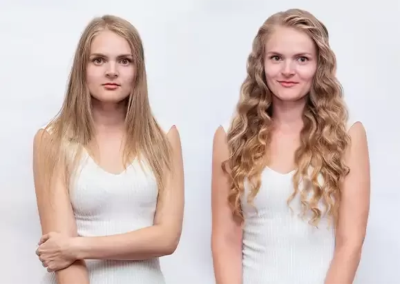 Before and after of ghost extensions on fine blonde hair
