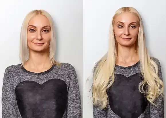 Before and after, added length and volume on blonde hair
