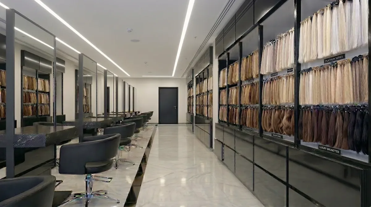 Inside the salon in Cihangir, styling chairs and extension hair on the wall