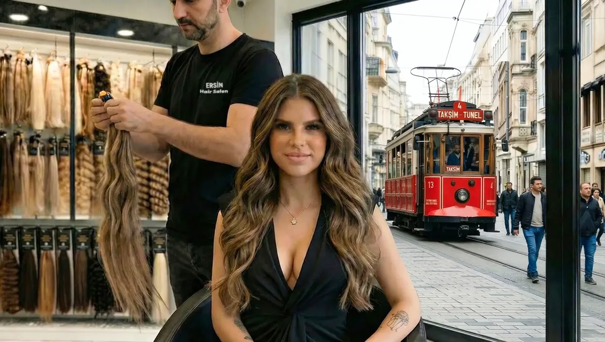 Outside the salon on Sıraselviler Caddesi with the historic Taksim tram passing