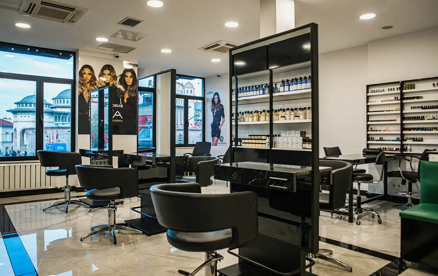 The salon interior looking towards the styling stations